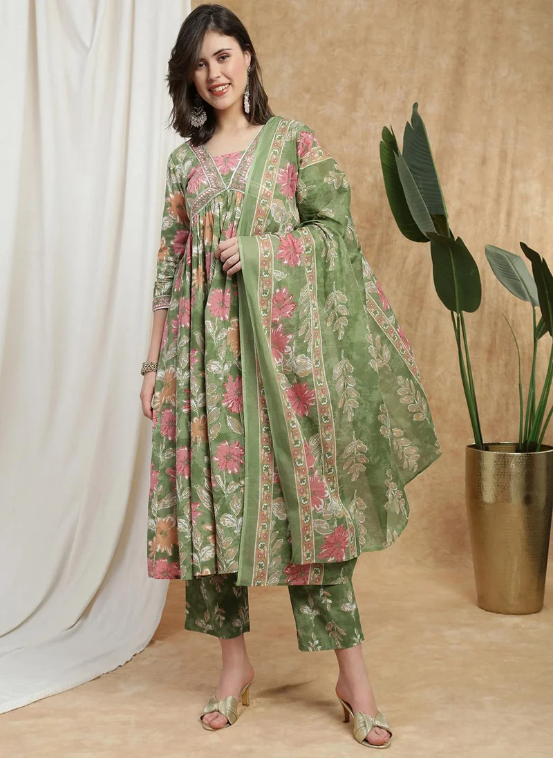 globus Globus Women Green Floral Print V-Neck Embroidered Gotta Lace Detail Flared Hem A-Line Kurta With Pant & Dupatta Set